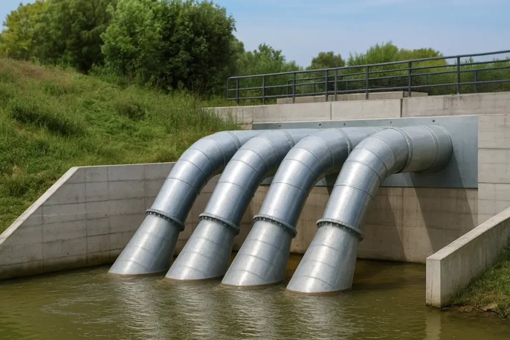 Stormwater pump station with four large steel pipes discharging water into a river