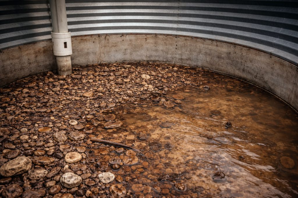 Stormwater storage tank interior showing sediment accumulation along the base of the structure