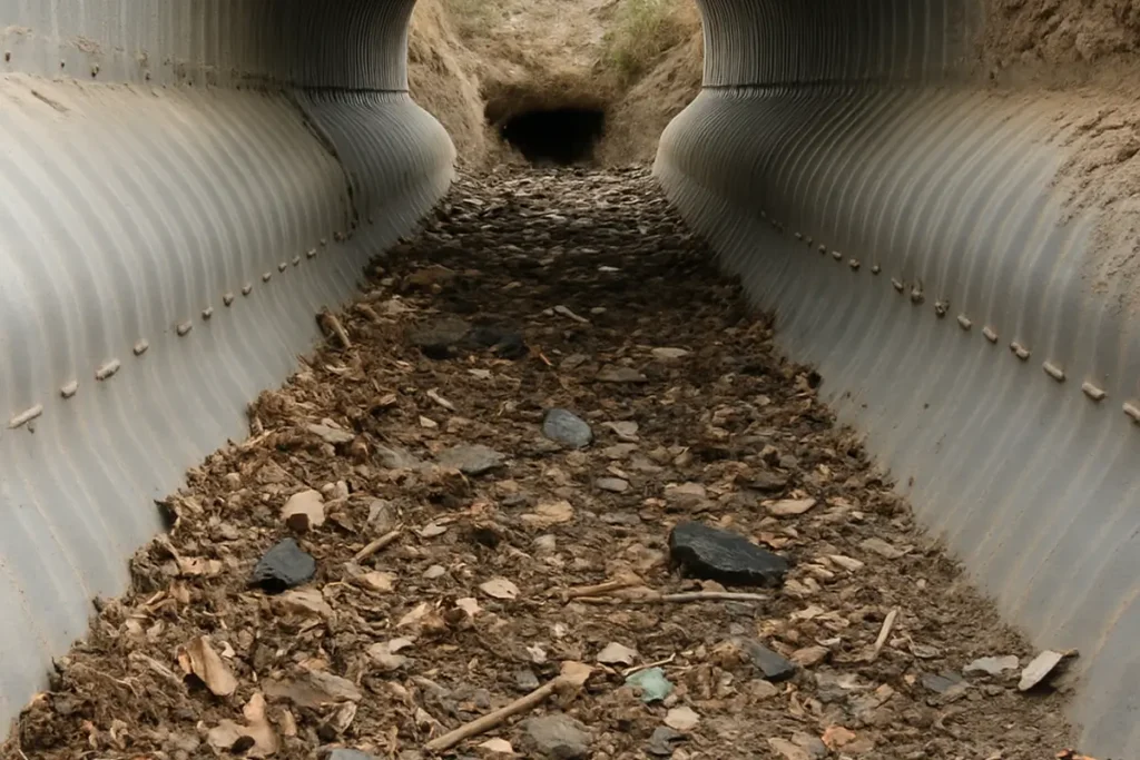 Debris obstructing flow within an urban stormwater system