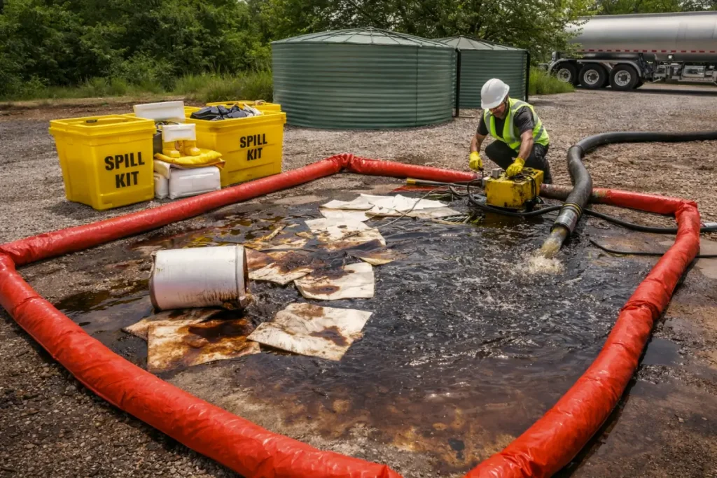 Fuel spill control setup preventing liquid migration