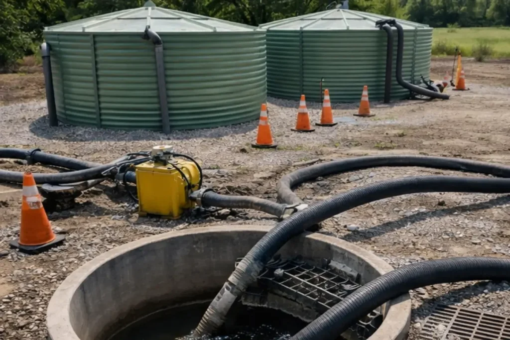 Emergency sewer overflow management with flexible storage tanks on site