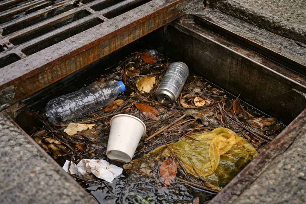 debris and litter captured in a stormwater drainage system