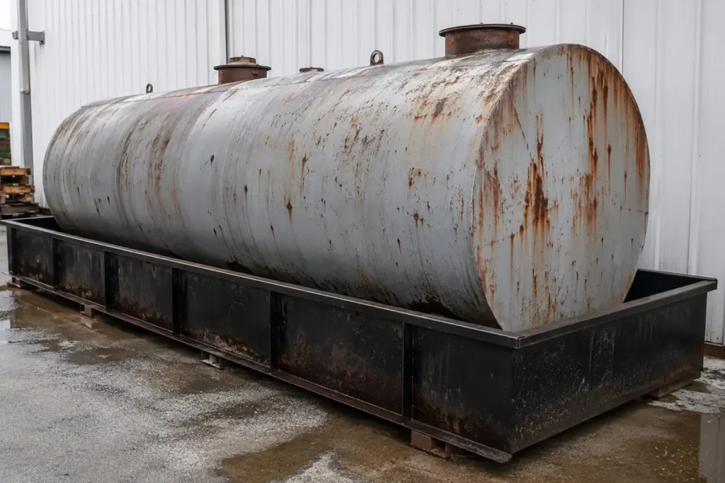 underground fuel storage tank showing advanced corrosion and rust damage