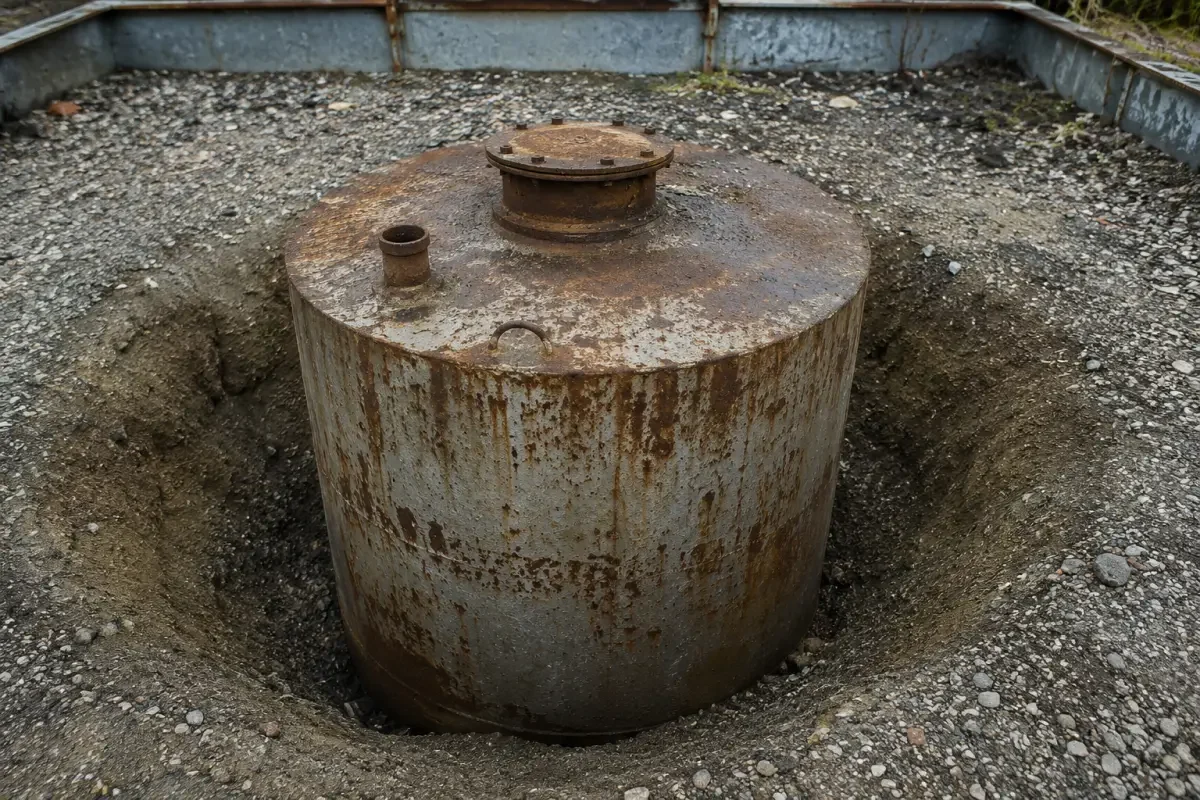 Corroded semi-buried fuel spill containment tank